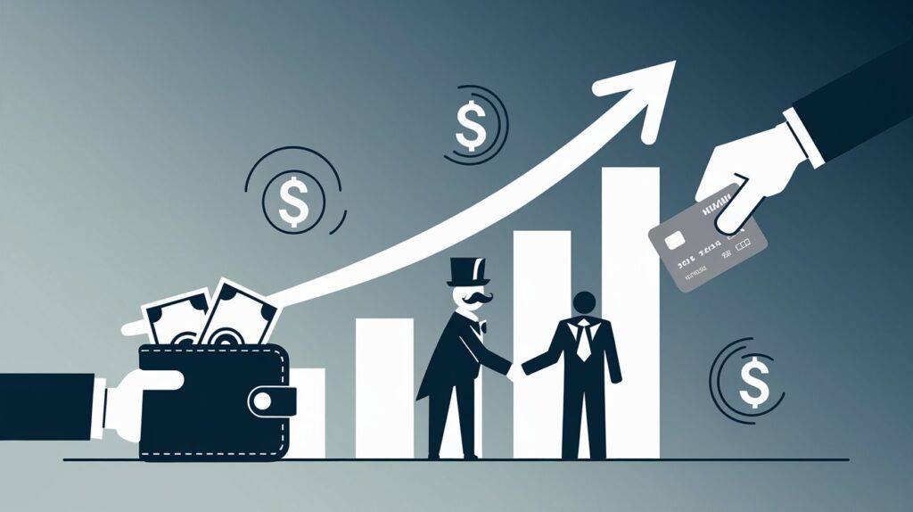 Ilustração minimalista mostrando crescimento econômico com um gráfico ascendente, carteira de dinheiro e interação consumidor-empresa.