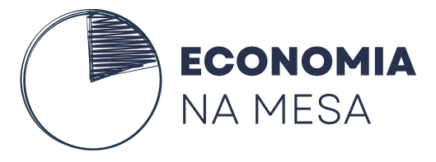 Logo do blog Economia na Mesa: Um gráfico de pizza em estilo rascunho, com uma fatia rabiscada, acompanhado do nome 'Economia na Mesa'. O design descontraído transmite a ideia de conteúdos leve e acessível sobre economia e finanças pessoais.